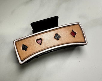 Four inch hair claw clip with card suits hand stamped on genuine leather patches. One of a kind hair accessory for Las Vegas, poker player