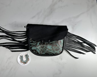 Fringed hip/bum bag/fanny pack with teal & black leather, interior card pocket. Cowgirl phone holster for trail riding, horseback riding