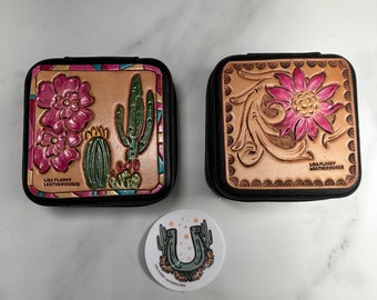 Small travel jewelry case with hand tooled desert scene or pink flower leather patch, ready to ship. Great gift for travelers.