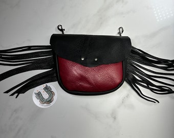 Fringed leather bum bag // fanny pack with red and black leather, interior card pocket. Cowgirl phone holster for trail and horseback riding