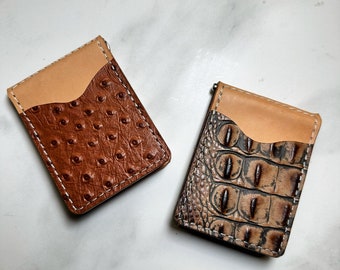 Embossed croc print or ostrich leather money clip wallet with four pockets.  Front pocket wallet for men who carry a minimalist billfold!