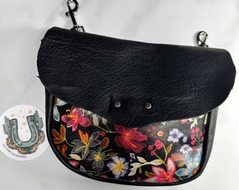 Leather Fanny pack/hip/bum bag with floral and black leather, interior card pocket. Cowgirl phone holster for trail and horseback riding