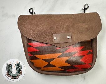 Leather bum bag with soft brown & southwest print leather, interior card pocket. Cowgirl phone hip bag for trail riding, horseback riding