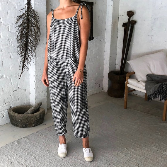 white linen dungarees