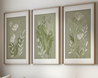 Sage Green Wall Art Prints, Botanical Line Art, Set of 3 Prints ...
