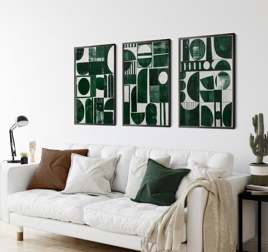 Set of 3 Sage Green Abstract Geometric Wall Prints, Boho Wall Art ...