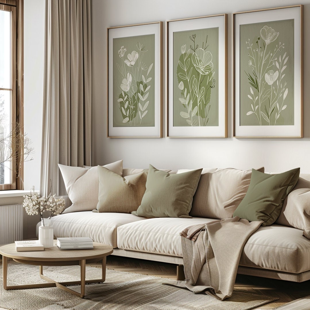 Set of 3 Wall Prints, Green Wall Art, Sage Green Wall Prints, Green