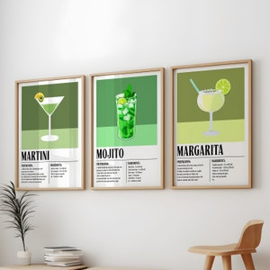 Cócteles carteles 3 paquete, cóctel impresión arte cóctel pared impresión arte, cartel de cóctel, cócteles conjunto de 3 carteles, mojito, margarita, martini