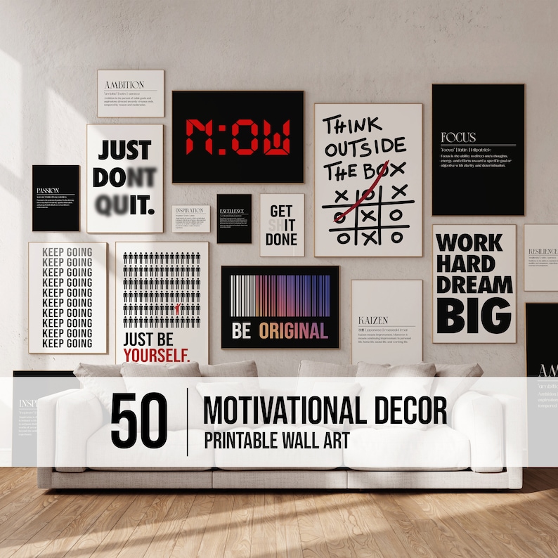 Peut inclure: Une collection de 50 impressions d'art mural imprimables avec des citations et des designs motivants. Les impressions pr&eacute;sentent des phrases telles que "Just Don't Quit", "Think Outside the Box", "Work Hard Dream Big", et "Be Original".