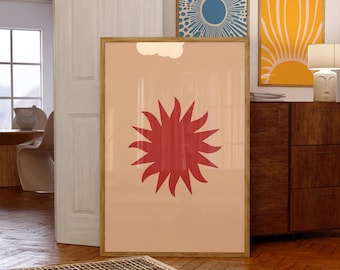 Väggkonsttryck med röd sol, abstrakt geometrisk boho-poster, modern minimalistisk inredning i mitten av århundradet