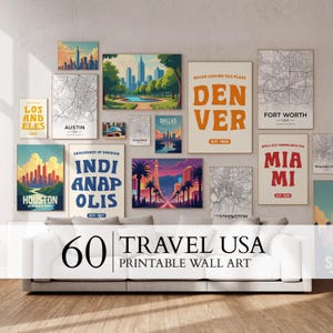USA Reiseposter 60er Pack, USA Vintage Art Amerika Stadt Wanddruck Malerei, USA Stadt Karte Set mit 60 druckbaren Dekoren