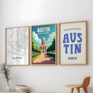 Paquete de 3 pósteres de Austin, paquete de 3 obras de arte mural de la ciudad de Austin, paquete de 3 pósteres de viajes vintage de Austin, juego de 3 impresiones de Austin, EE. UU., arte mural de Austin, Texas