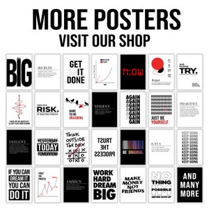 Peut inclure: Une collection de 20 affiches de motivation avec du texte noir et blanc sur fond blanc. Les affiches pr&eacute;sentent des citations et des phrases inspirantes telles que "Get Shit Done", "Work Hard Dream Big", "Just Be Yourself", et "No Thing Impossible".