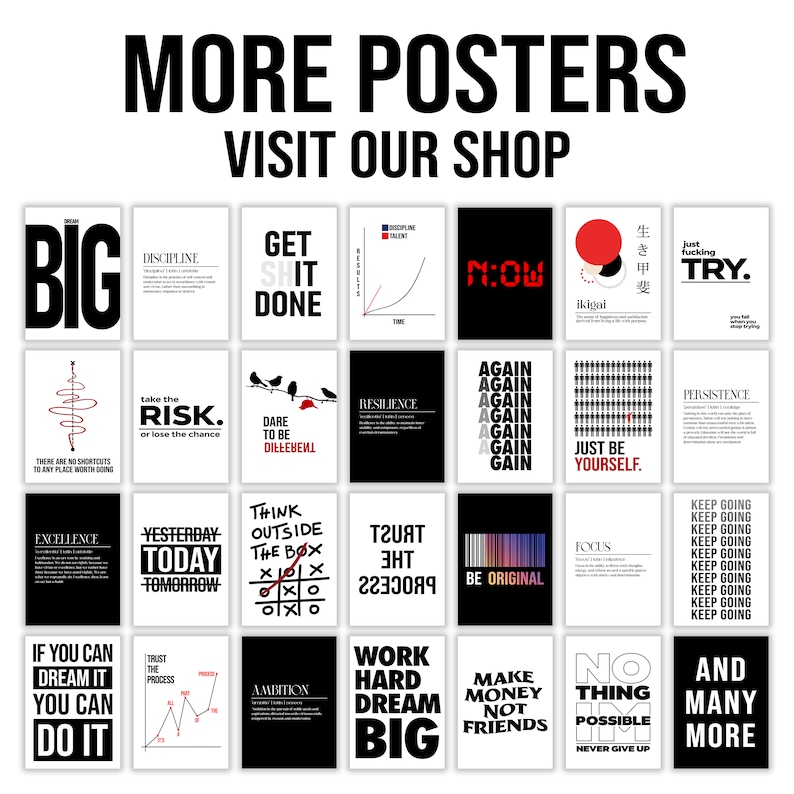 Peut inclure: Une collection de 20 affiches de motivation avec du texte noir et blanc sur fond blanc. Les affiches pr&eacute;sentent des citations et des phrases inspirantes telles que "Get Shit Done", "Work Hard Dream Big", "Just Be Yourself", et "No Thing Impossible".