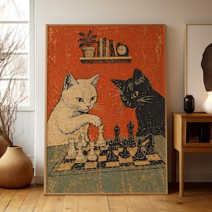 Cats Playing Chess Poster, Vintage Retro Cat Wall Art, Funny Cat Print, Black & White Cat Decor image 8