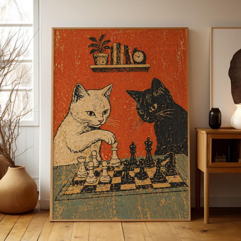 Cats Playing Chess Poster, Vintage Retro Cat Wall Art, Funny Cat Print, Black & White Cat Decor image 8