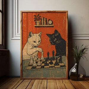 Cats Playing Chess Poster, Vintage Retro Cat Wall Art, Funny Cat Print, Black & White Cat Decor image 9