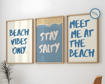 Conjunto de pósteres "Nos vemos en la playa", arte mural costero, impresión tipográfica azul, decoración veraniega para casa de playa (descarga digital)