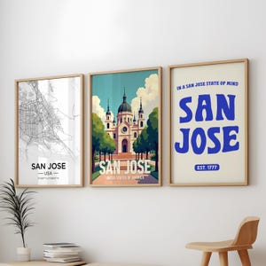 Paquete de 3 carteles de San José, paquete de 3 obras de arte de pared de la ciudad de San José, paquete de 3 carteles de viajes antiguos de San José, 3 juegos de impresiones de San José, arte de pared de San José
