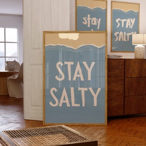 Poster Stay Salty, Arte costeira de praia de verão Tipografia Poster Decoração de casa de praia, Arte de parede vintage de praia, Stay Salty Summer Retro Blue Print