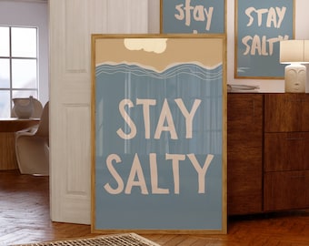 Stay Salty Poster, Summer Beach Coastal Art Typography Poster Beach House Decor, Beach Vintage Wall Art, Stay Salty Summer Retro Blue Print