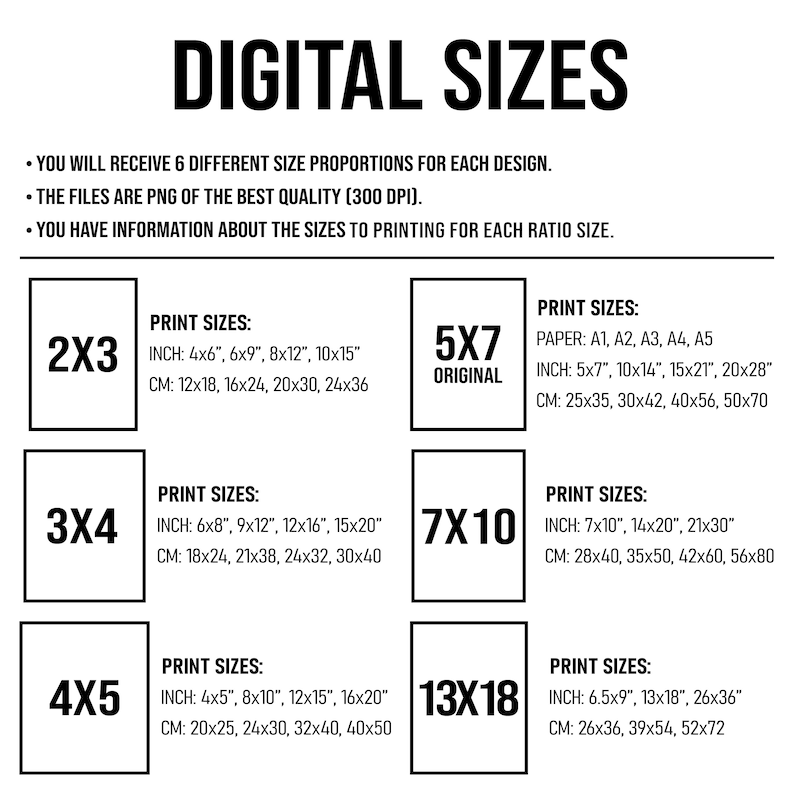 Peut inclure: Un tableau montrant six proportions diff&eacute;rentes pour les impressions num&eacute;riques, avec les mesures correspondantes en pouces et en centim&egrave;tres pour chaque taille. Les proportions sont 2x3, 3x4, 4x5, 5x7, 7x10 et 13x18.