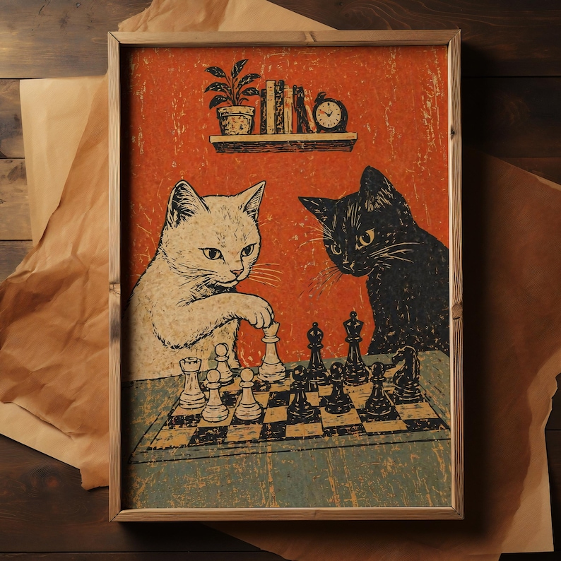 Cats Playing Chess Poster, Vintage Retro Cat Wall Art, Funny Cat Print, Black & White Cat Decor image 5