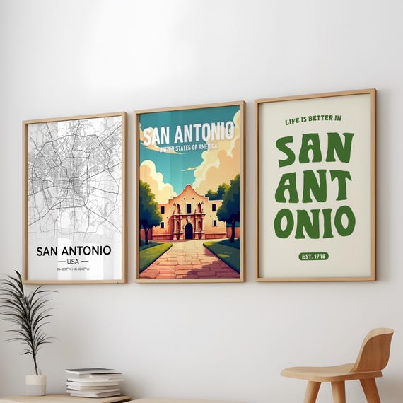 San Antonio Texas Poster Set, Vintage Travel Print Wall Art, Texas City Decor Digital Download