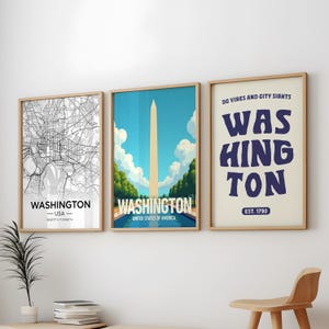 Lot de 3 affiches Washington, lot de 3 oeuvres d'art murales Washington DC City, lot de 3 affiches voyage Washington vintage, lot de 3 impressions de voyage Washington DC
