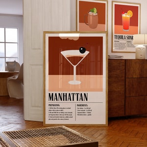 Cartel de Manhattan, decoración del carrito de la barra con impresión de cócteles, cóctel con impresión de Manhattan, arte del carrito del bar de la pared de Manhattan, decoración de la barra del cartel de cócteles de Manhattan