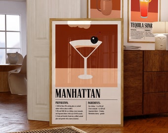 Poster del cocktail Manhattan, ricetta classica del cocktail, decorazione murale per bar di whisky, idea regalo per il bar di casa.