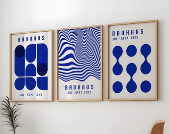 Blue Bauhaus Print 3 Pack,  Blue Geometric Trendy Wall Art, Blue Bauhaus Art Printable, Bauhaus Exhibition Blue Art Prints, 3 Blue Art Deco