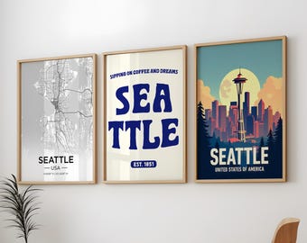Conjunto de 3 láminas decorativas de Seattle: Mapa de la ciudad, póster del horizonte y decoración del noroeste del Pacífico (descarga digital).