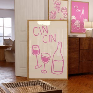 Cin Cinポスター、ピンクのレトロなトレンディなプリント、ピンクのCin Cinワインポスター、バーカートの装飾のためのトレンディなウォールアート、ピンクのCin Cinウォールアートキッチンの装飾
