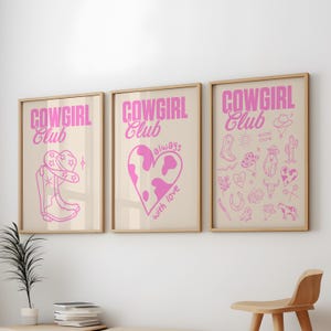 Pink Cowgirl Print 3 Pack, Retro Trendy Wall Art for Preppy Room, Pink Aesthetic Prints for Dorms, Cowgirl Print, Pink Retro Trendy Wall Art
