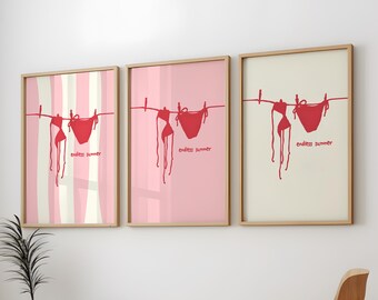 Bikini Wall Art Set of 3, Endless Summer Beach House Decor, Pink Coastal Print, Preppy Swim Printable Digital Download