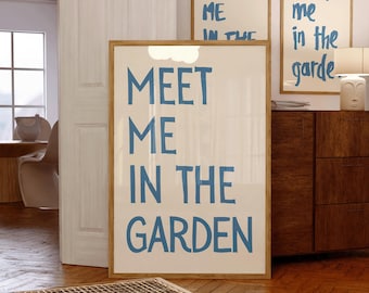 Plakat "Spotkajmy się w ogrodzie", plakat typograficzny z motywem domu w ogrodzie, dekoracja domu w ogrodzie w stylu vintage, plakat "Spotkajmy się w ogrodzie"