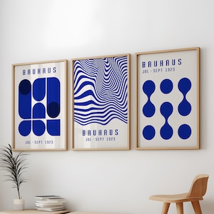 Bauhaus-affisch blå, geometrisk väggkonst, Bauhaus-utställningstryck, blå väggdekoration i mitten av århundradet bild 5