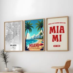Miami 3 posterpakket, Miami City 3 muurkunstpakket, Miami vintage reizen 3 posterpakket, 3 set prints Miami USA, Miami Florida muurkunst