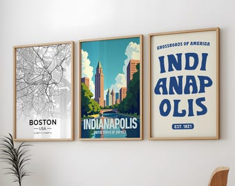 Indianapolis 3 Posters Pack, Indianapolis City 3 Wall Art Pack, Indianapolis Vintage Travel 3 Poster Pack, 3 Set of Indianapolis City Prints