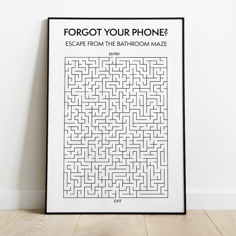 Your Phone Poster, Bathroom Maze Print, Bathroom Puzzle Wall