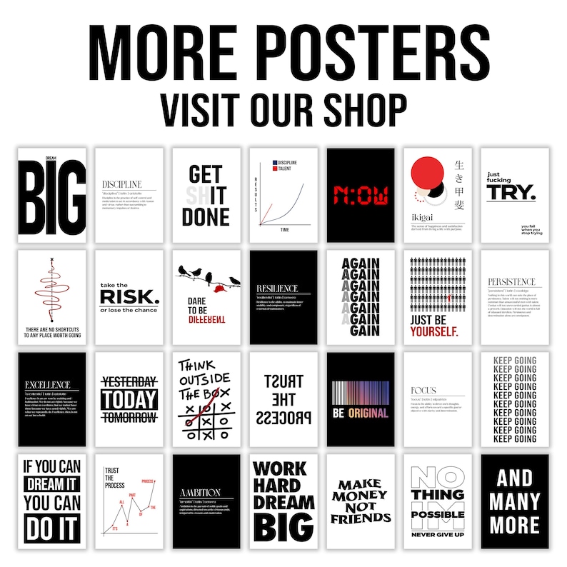 Puede incluir: Una colecci&oacute;n de 20 p&oacute;sters motivacionales con texto en blanco y negro y acentos rojos. Los p&oacute;sters presentan frases como "Get Shit Done", "Think Outside the Box", "Work Hard Dream Big", y "Just Be Yourself".