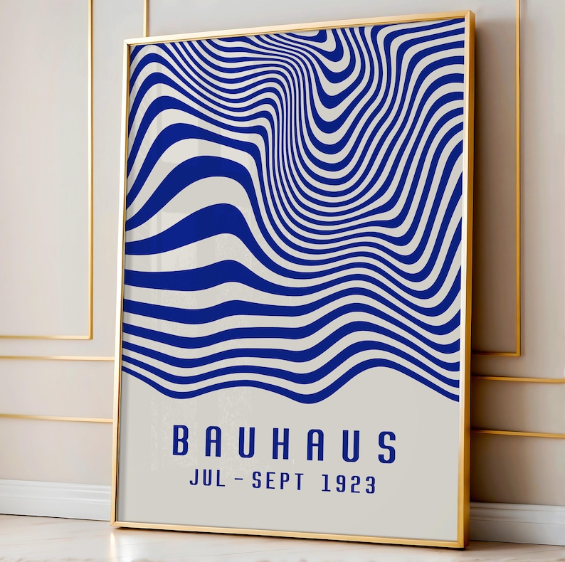 Bauhaus-affisch blå, geometrisk väggkonst, Bauhaus-utställningstryck, blå väggdekoration i mitten av århundradet bild 3