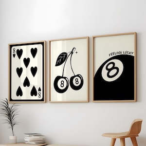 Pacchetto poster 8 Ball Lucky 3, stampa retrò trendy 8 per arredamento appartamento nero, stampa vintage nera 8 di palle da biliardo, ciliegie 8 di palle, stampa 8 di cuori