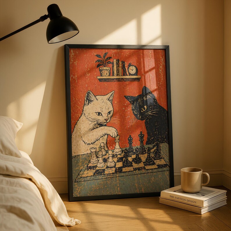 Cats Playing Chess Poster, Vintage Retro Cat Wall Art, Funny Cat Print, Black & White Cat Decor image 2