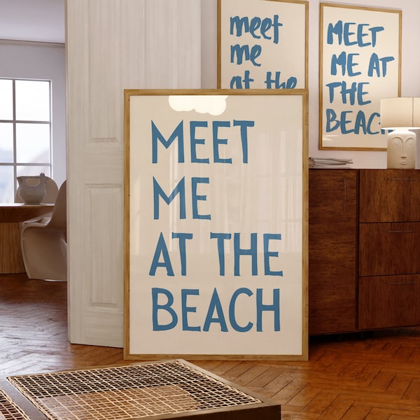 Meet Me At The Beach Poster, Vintage Coastal Typography Art
