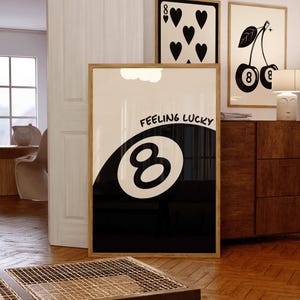 Impressão de 8 bolas de bilhar, impressão preta retrô da moda de 8 bolas de cerejas, pôster preto vintage de 8 de copas, arte de parede de bola de bilhar Lucky 8, decoração de apartamento