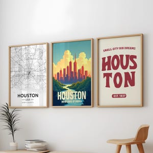 Paquete de 3 impresiones de la ciudad de Houston, paquete de 3 murales de la ciudad de Houston, paquete de 3 pósteres de viajes vintage de Houston, juego de 3 impresiones de mapas de Houston, Houston, Texas