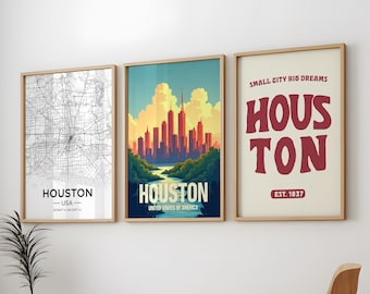 Houston City 3 Prints Pack, Houston City 3 Wall Arts Pack, Houston Vintage Travel 3 Posters Pack, 3 Set of Houston Map Print, Houston Texas