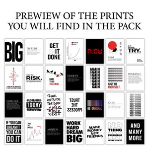 Peut inclure: Un ensemble de 20 affiches de motivation imprimables avec des fonds noirs et blancs et du texte rouge, blanc et noir. Les affiches pr&eacute;sentent des citations et des phrases inspirantes telles que "Get Shit Done", "Work Hard Dream Big", "Just Be Yourself", et "Take the Risk".